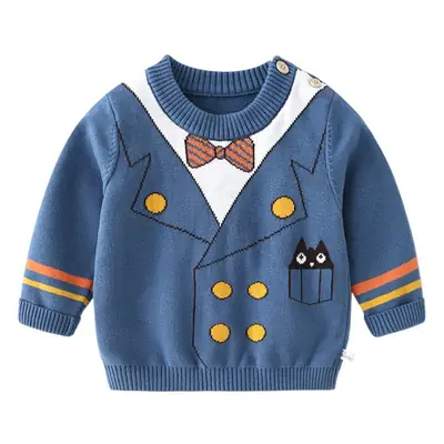 Kids Knitted V-Neck Top Blue with Bow & Cat Design