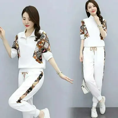 Women's White Printed Polo Pants Set Summer 2023