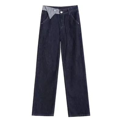 Women's Irregular Denim Pants Dark Blue Wide Leg High Waist