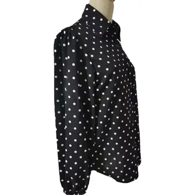 Women Lapel Polka Dot Chiffon Shirt White Black