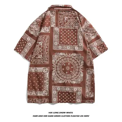 Japanese Style Cashew Flower Short Sleeve Shirt Men Brown Blue Grey
