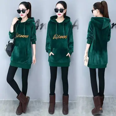Women Black Hooded Fleece Sweatshirt Mid-Length Loose Winter
