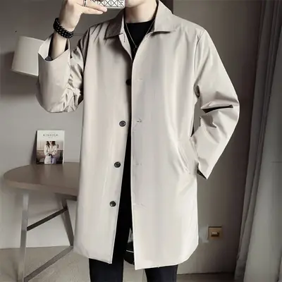 Men's Beige Lapel Trench Coat Mid-Length Loose Autumn Wear