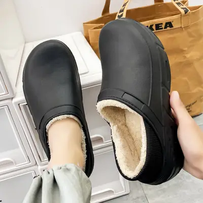Men's Black Waterproof Cotton Slippers Winter Non-Slip