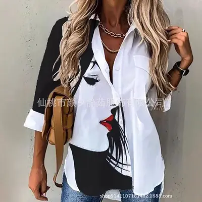 Women 2023 Cotton Printed Long Sleeve Shirt White Blue Floral