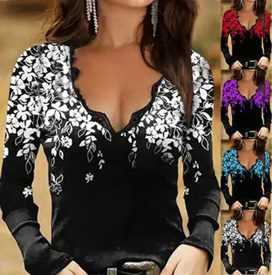 Black Floral Long Sleeve T-Shirt for Women 2023