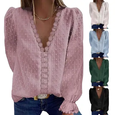 Women Chiffon V-Neck Long Sleeve Top Pink Blue Green Black