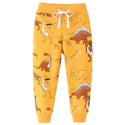Kids Dino Print Cotton Pants Yellow Boys