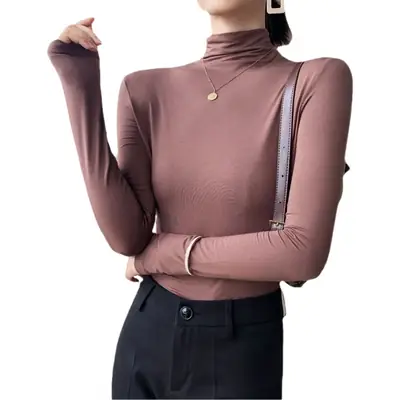 Women's Black Slim Fit Half-Turtleneck Show Shirt with Long Sleeves