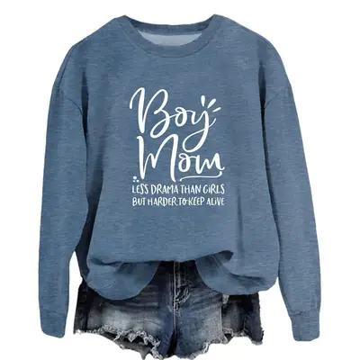 Boy Mom Printed Long Sleeve Sweater Blue