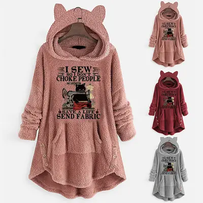 2021 Printed Cat Ears Hooded Sweater Maroon Long Sleeve