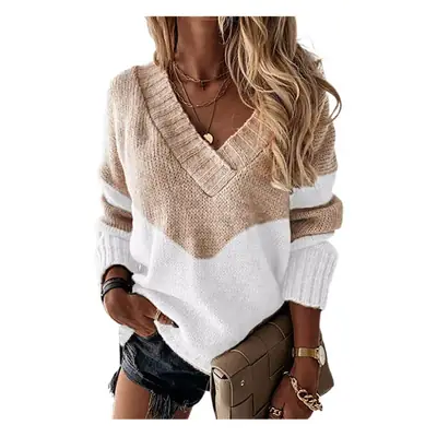Cross-Border European and American Foreign Trade New Style 2022 Autumn and Winter Pullover V-Neck Loose Sweater Color-Blocked Women's Knitwear