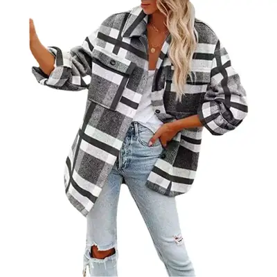 2021 Women's Plaid Woolen Jacket Long Sleeve Loose Fit