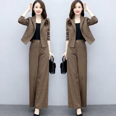 Women's Brown Checkered Two-Piece Suit Winter Professional