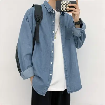 Men Long Sleeve Denim Shirt Blue Autumn Casual