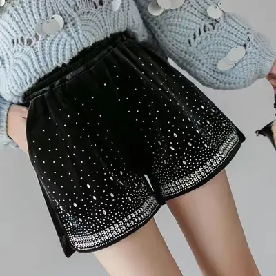 Black Velvet Fleece-Lined Shorts for Women