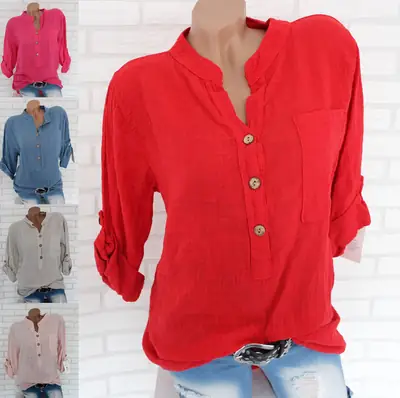 Red Long Sleeve Button Front T-Shirt for Women