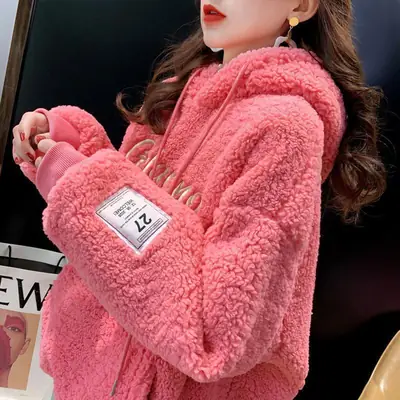 Orange Fleece Hooded Pullover Women's Mid-Length Top