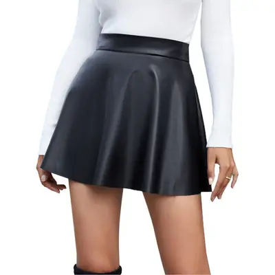 Women's Pu Leather High Waist Pleated Skirt Brown