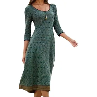 Women's Printed Green Round Neck Kurti with Skirt