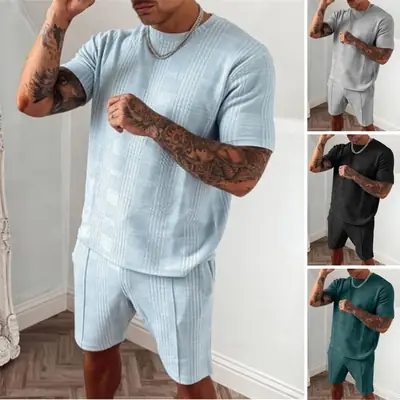 Men Green Ribbed Shorts Set Short Sleeve Casual Sports Wear
