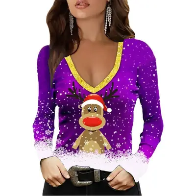 2024 Christmas Elf Print V Neck Long Sleeve T-Shirt for Women Blue