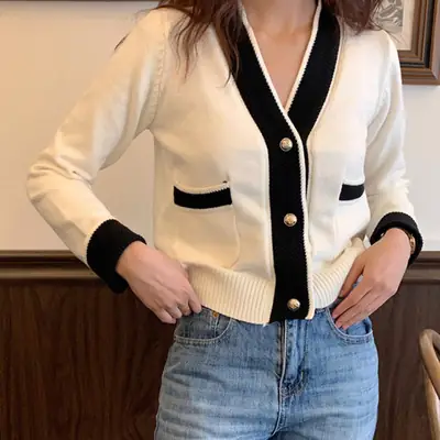 Women Knitted V-Neck Cardigan Jacket Cream Black 2025