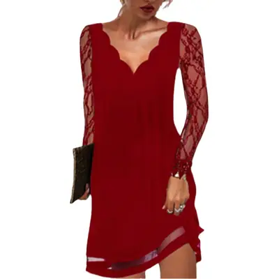 Red Lace V Neck Pullover Dress for Women