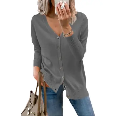 2024 Grey Button Knitwear Cardigan Jacket for Women