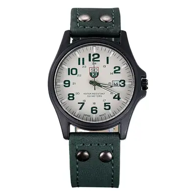 Men's Black Quartz Calendar Watch with Leather Strap