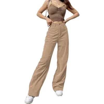 Brown Loose Fit High Waist Pants for Women