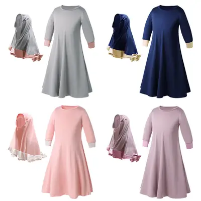 Girls Navy Blue Long Sleeve Dress with Headscarf Set