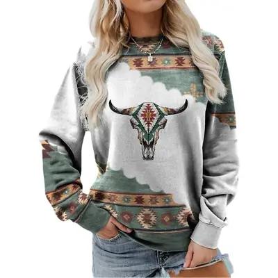 Western Style Long Sleeve Sweater Red Geometric Print
