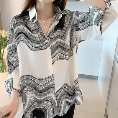 Women Loose Slimming Shirt Black Striped Commuter Casual
