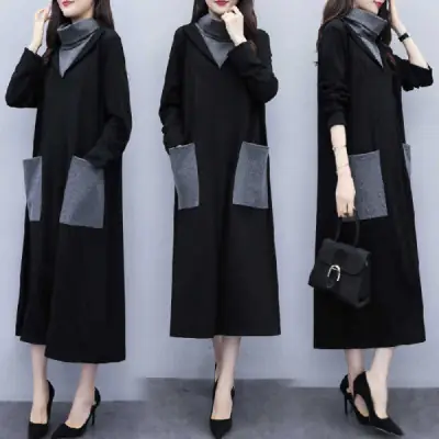 Black Long Sleeve Kojop Dress for Women Mid-Length 2021