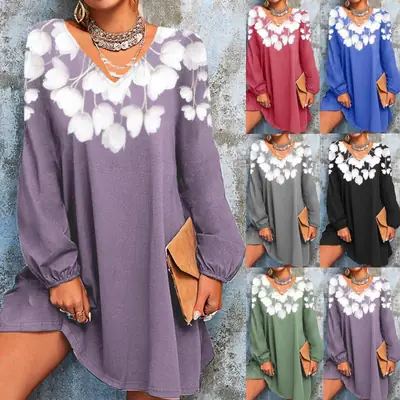 2023 Printed V Neck Long Sleeve Dress for Women Grey