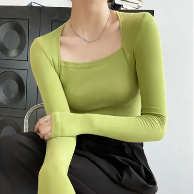 Green Long Sleeve T-Shirt for Women Low Collar