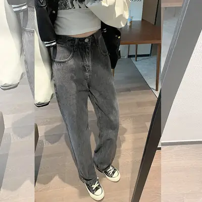 Women Black Wide Leg Jeans Autumn Winter High Waist