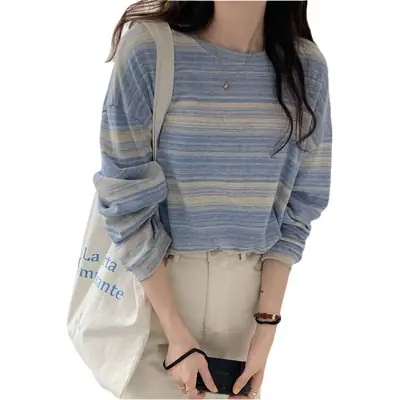 2026 Striped Long Sleeve T-Shirt Women College Style
