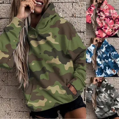 Women Camouflage Hoodie Blue White Loose Long Sleeve