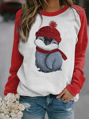 2022 3D Animal Print Raglan Pullover Sweater White Red