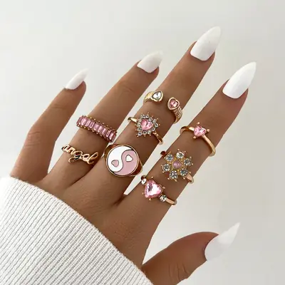 Pink Diamond Ring Set for Women with Letters and Flowers