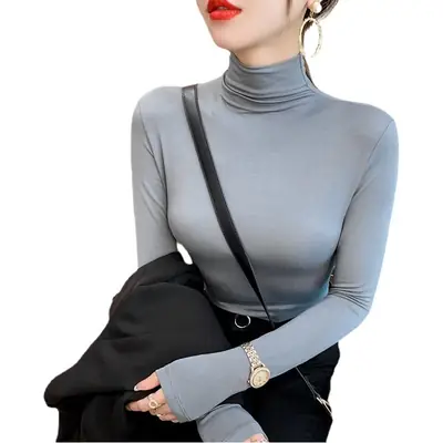 Women's Long Sleeve High Neck Shirt Grey Modal