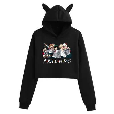 Women's Cat Ear Hoodie White Friends Print