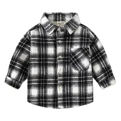 Autumn Winter Boys Fleece Plaid Lapel Shirt