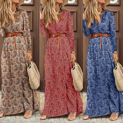 Long Sleeve V-Neck Floral Dress Women's Western Style