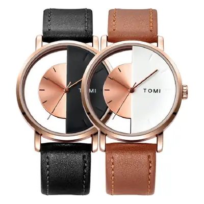 Tomi Hollow Watch Brown Leather Belt Unisex Quartz
