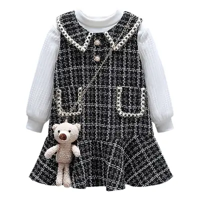 Girls Korean Style 2-Piece Suit Black White Pearl Trim