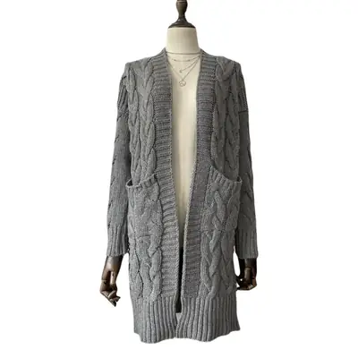 Women's Grey Knitted Long Twist Cardigan Sweater Jacket