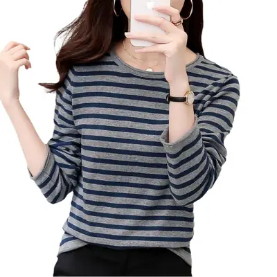 Women Striped Cotton Long Sleeve Sweater Blue White